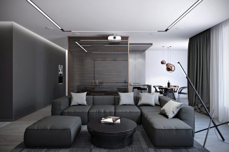 Угловой серый диван в зале стиля хай-тек